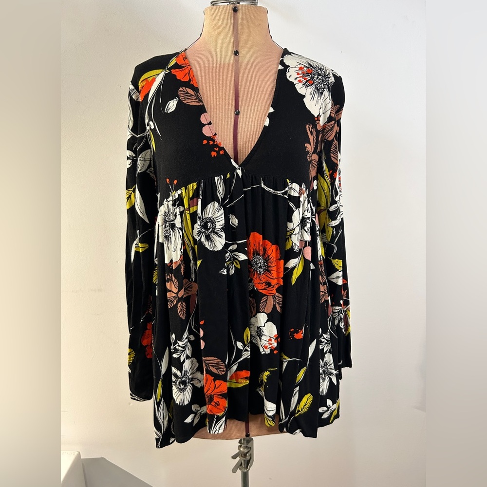 Free People Bella Floral-Print Tunic Mini Dress Black Size XS